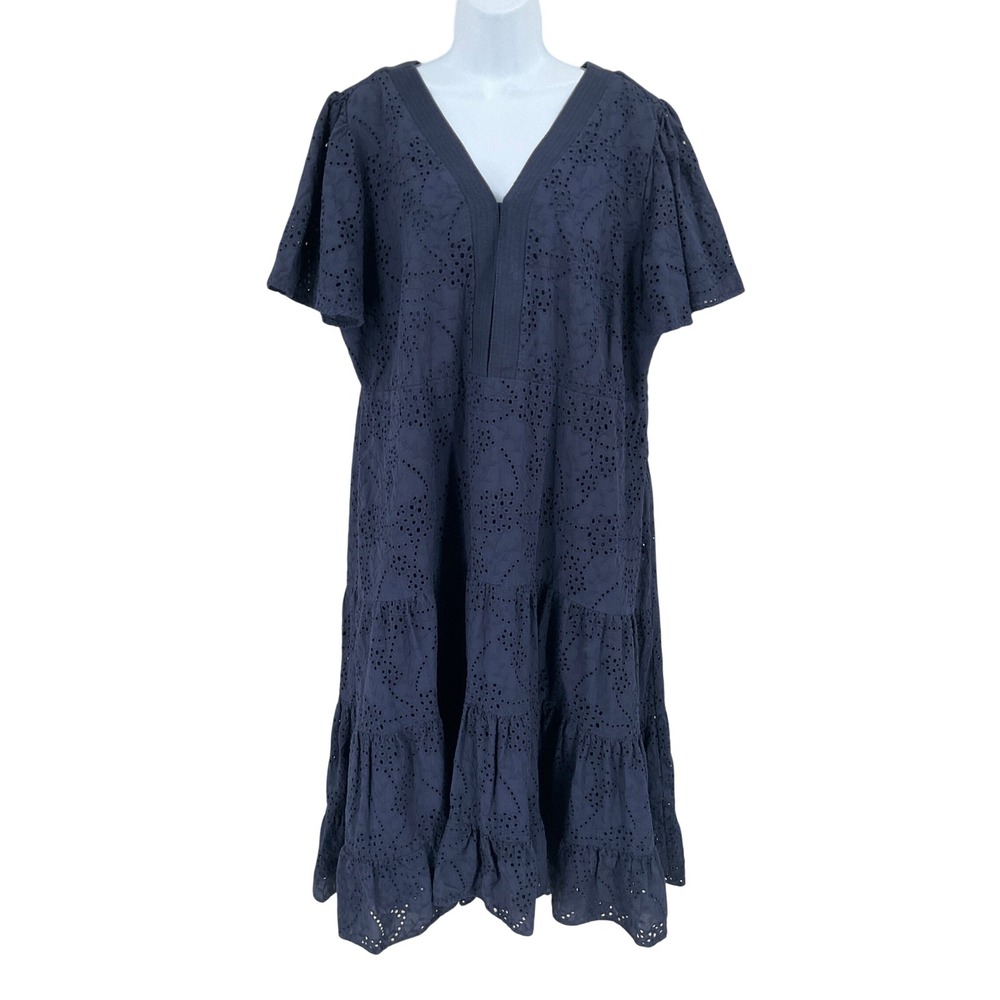 Chico's Midi Dress Women 4 US 20 Navy Blue Cotton Eyelet Tiered V-Neck Boho